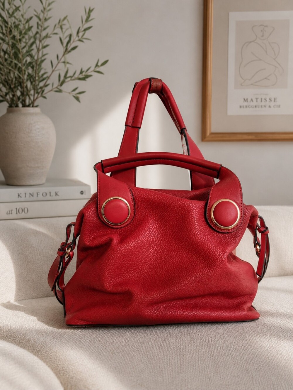 Structured Red Leather Satchel Handbag
